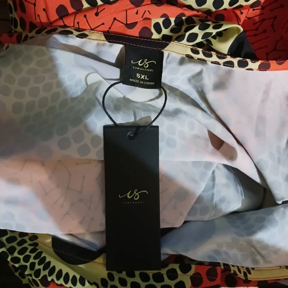 Curvesoul Orange Black Yellow Geometric V Neck Elastic Waist Dress Size 5X NWT - Picture 10 of 14